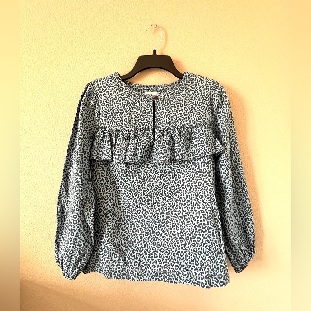 J. Crew Leopard Ruffle Front & Back Chambray Top